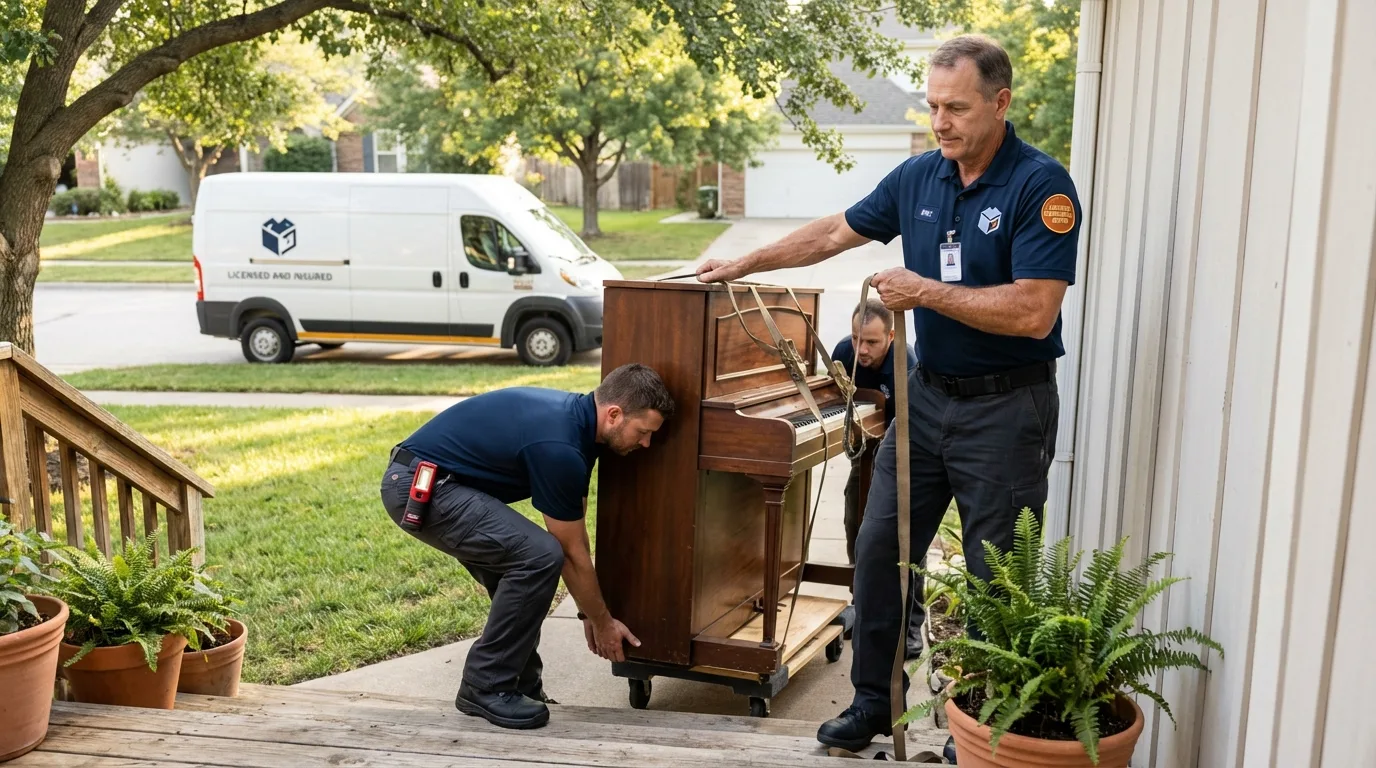 Licensed piano movers securing grand piano in Ekalaka, MT